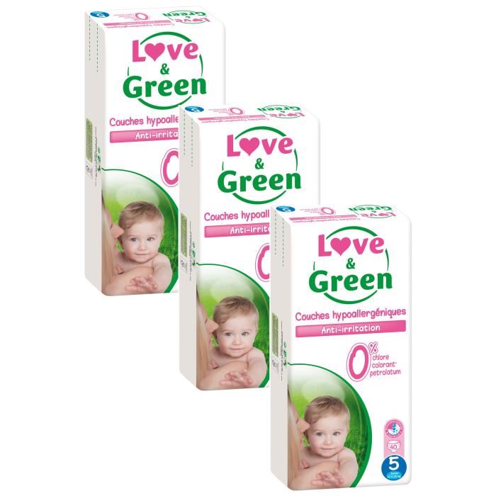Love & Green - Couches Bébé Saines et Ecologiques - Taille 2 (3-6 kg) -  Pack 1 mois (216 Couches) - Absorbante, anti-fuites et sans ingrédients